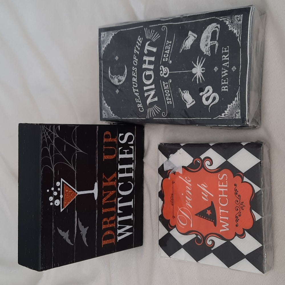 Set of Halloween items . Sign and two packages of napkins